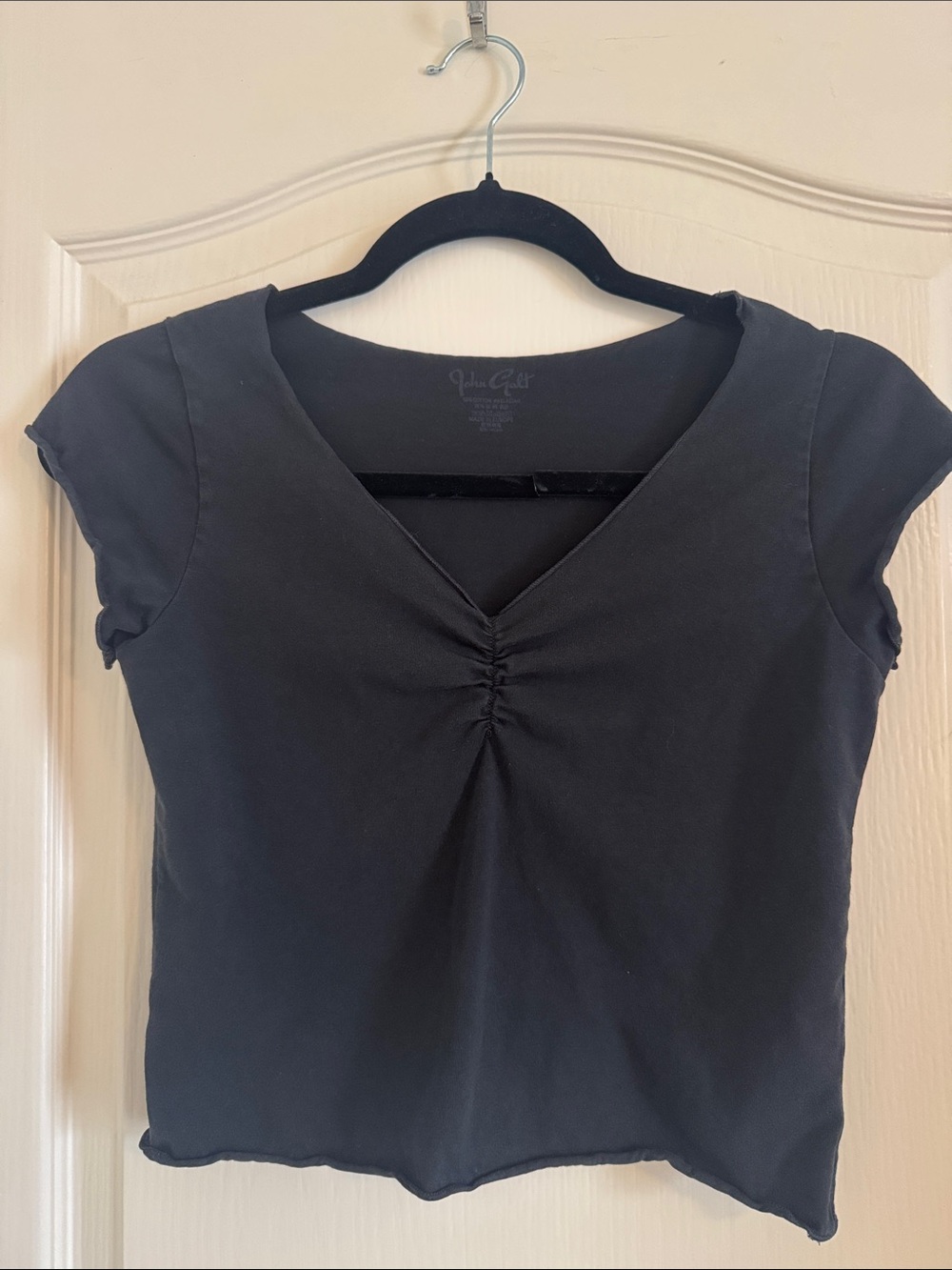 Brandy Melville Black V-Neck Ruched Front Tee. OS